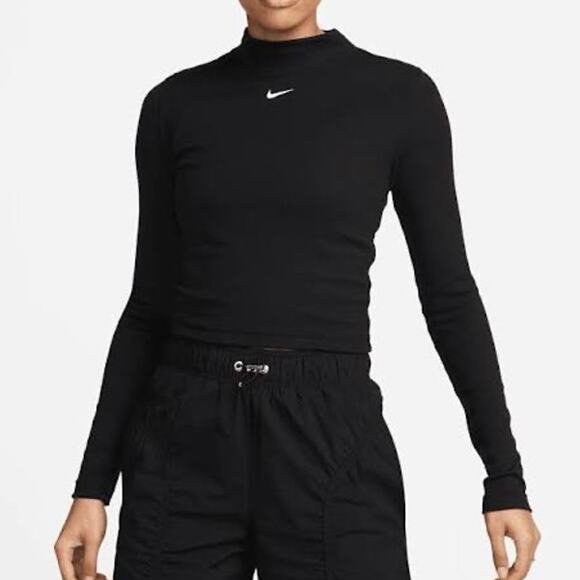 Nike Black Ribbed Mock Neck Logo Long Sleeve Size XL - Picture 1 of 9